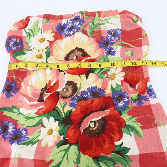 SOLD - Vintage Mica Red Gingham Floral Strapless Mini Dress Cotton/Linen/Silk - Picture 10 of 15